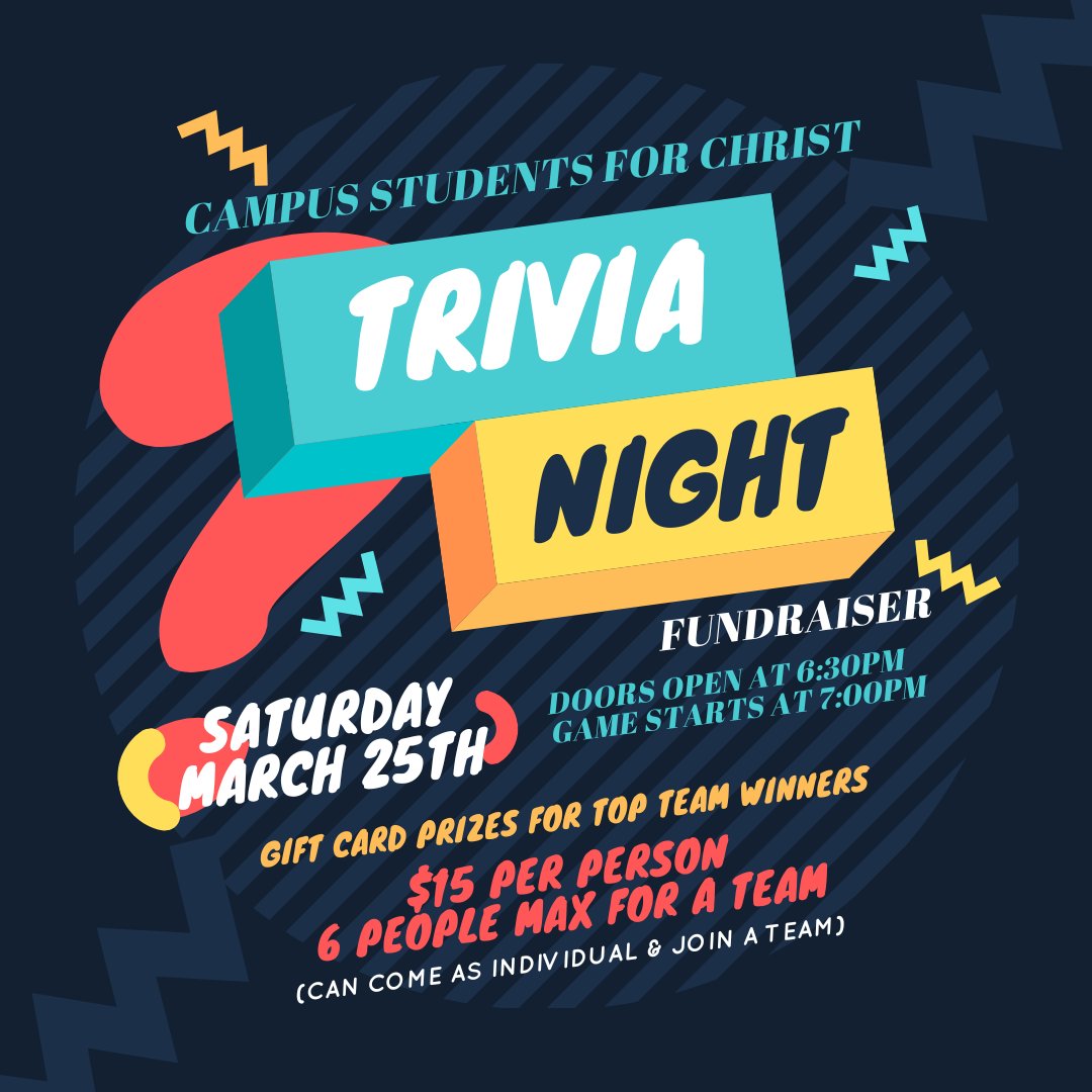 ❓🧠 Come test your trivia skills &amp; compete for some gift card prizes!! 
❤️This is a fundraiser for our Red Bird Mission Trip to Eastern Kentucky in the Appalachian Mountains this May!
📍This will be in our auditorium at CSC (1545 Riverview Drive). 
We hope to see you there!