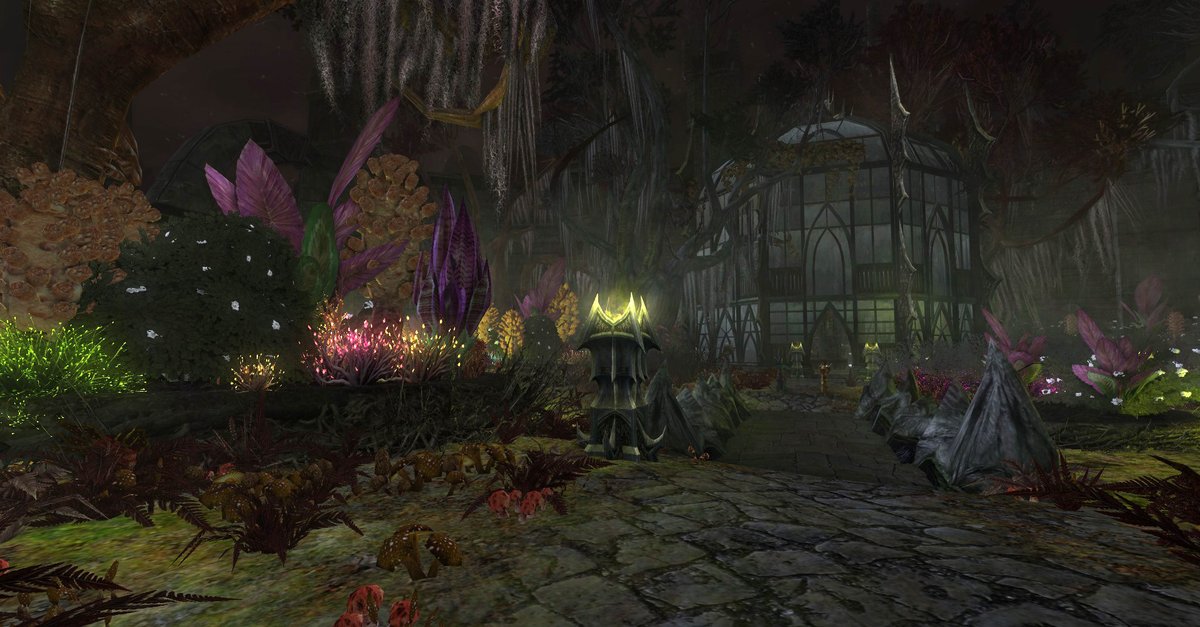 Buttertarte's tweet photo. Today was really busy but I managed to sneak onto #Bullroarer to check out the new instances before BR closed. I didn't have time to finish them so I can't comment on gameplay, but they look really nice! My favourite is "Sant Lhoer, The Poison Gardens." It looks gorgeous! #lotro https://t.co/2oukZF7pzH