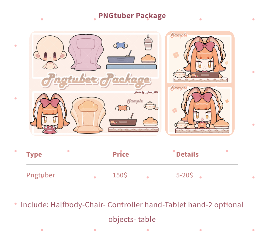 _Tao_000's tweet photo. ✨Open for some slots✨
-Pngtuber package and plushies!!
-Icon 

Cms info: link on Bio

tags:
#pngtuber #VtuberUprsing #VTuberEN #Vtubers #commission https://t.co/4uwvKvdyx9