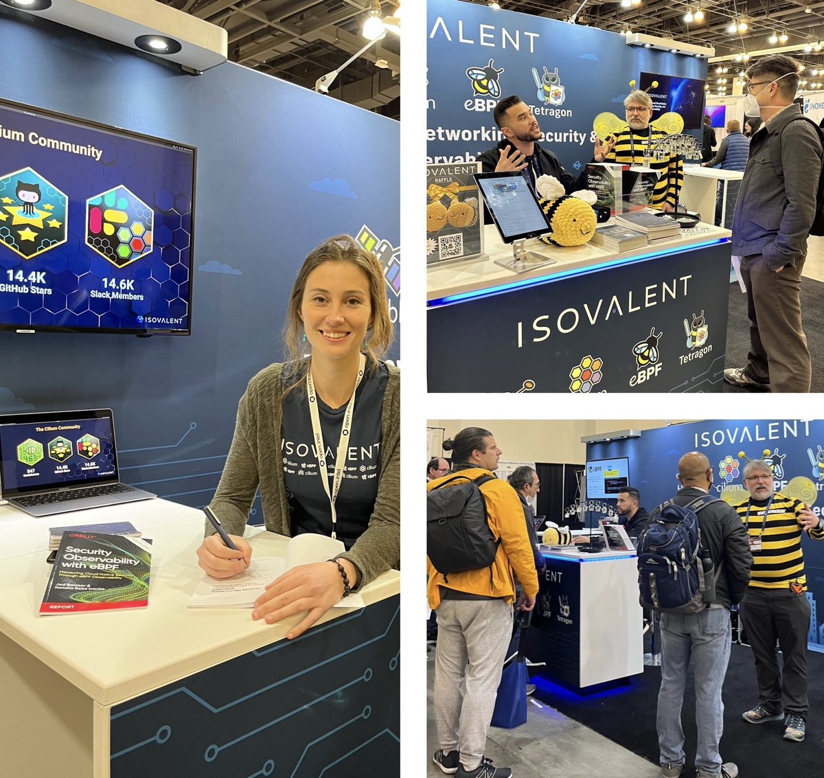 isovalent's tweet photo. Are you at #SCaLE20X right now? Stop by our booth for some buzz worthy swag 🐝 &amp; ask our team about #eBPF! Bonus: get a signed copy of Natalia's book 😎 📚 https://t.co/L1kHnWFrTu