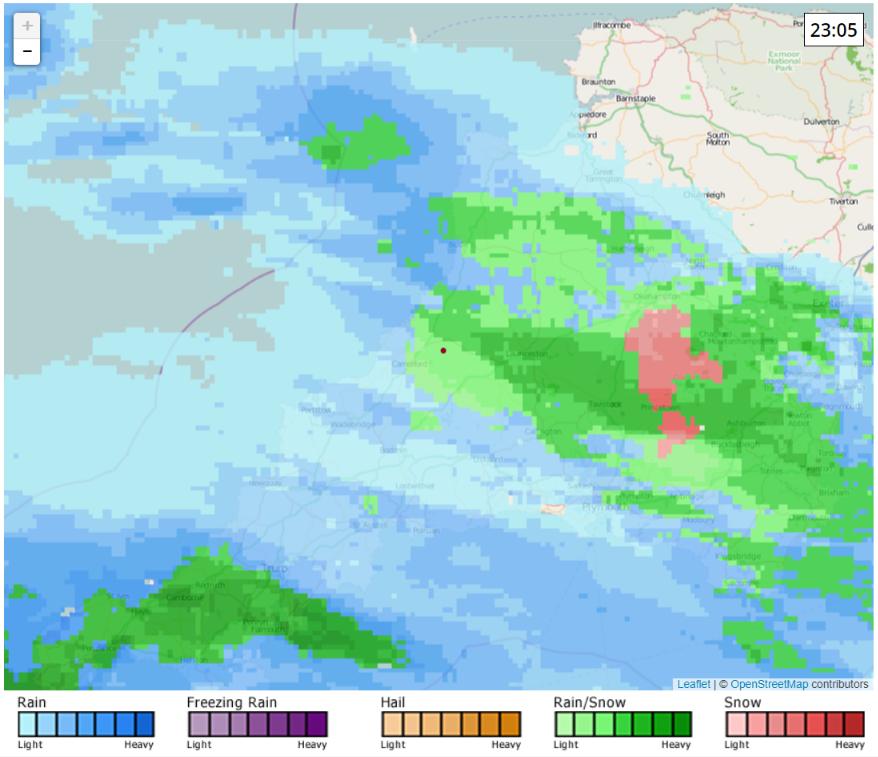 DavidstowInfo's tweet image. The "rainfall" map describes it as "rain/snow", but in fact it is currently snowing gently in #Davidstow: