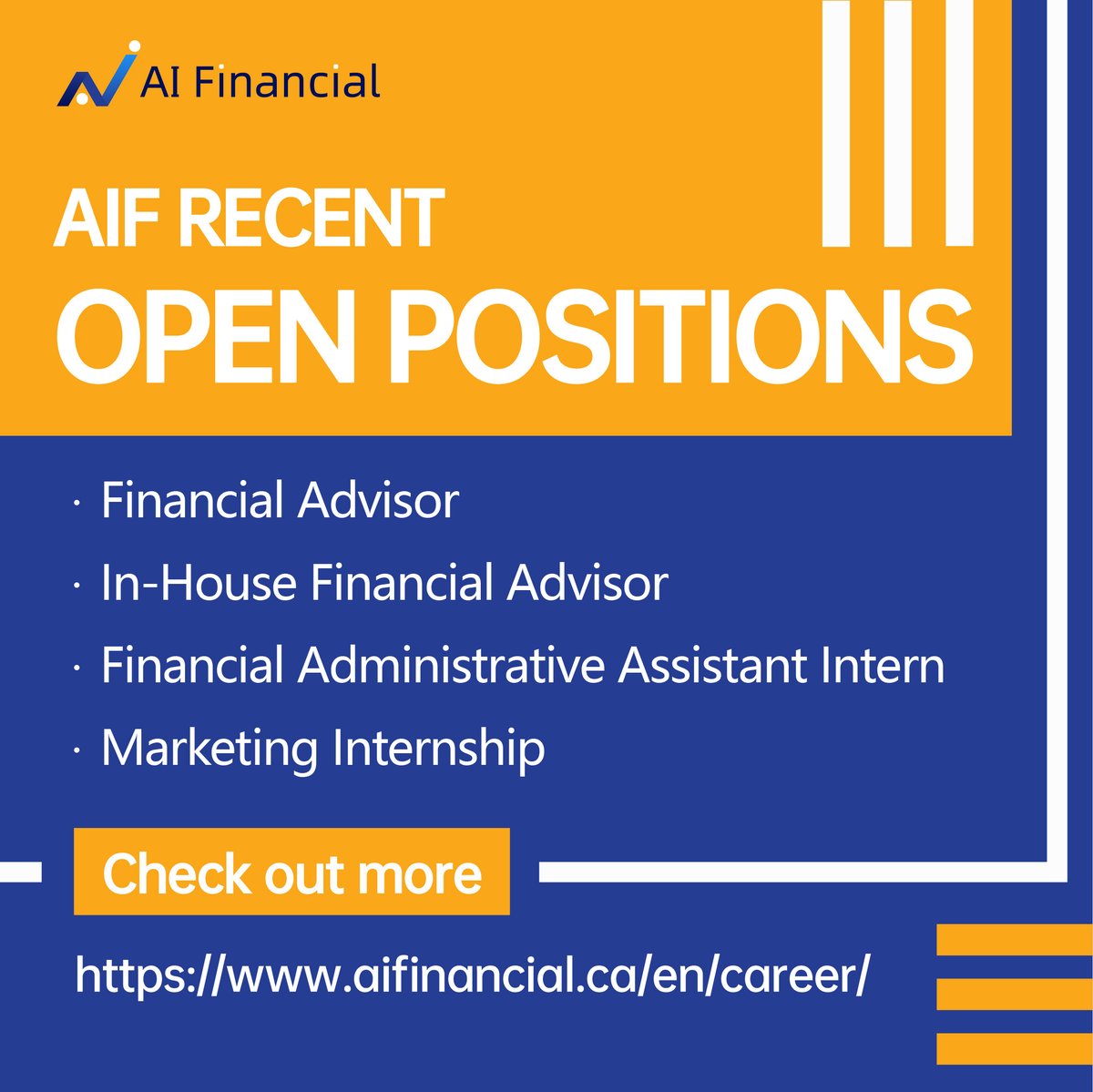 We are #hiring 💡 Click to check out our recent open positions: aifinancial.ca/en/career/

#aifcareer #opportunity #career #job #jobopportunity #marketing #internship #financialadvisor #recruit #gtajobs #AIFinancial #aifinancial