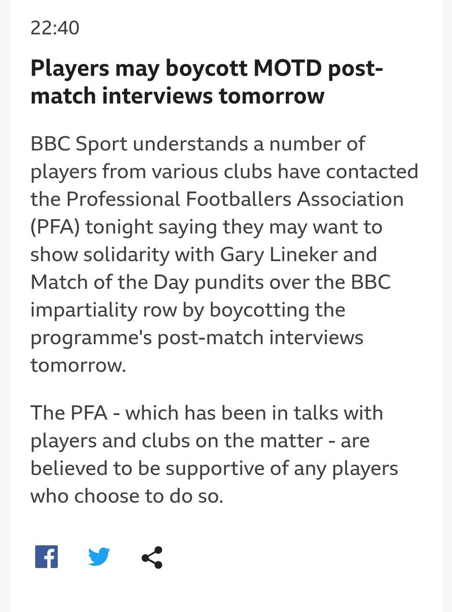 @BlokeOnWheels Very much looks if there won't be any after match player interviews either... players have the full support of the PFA if they decide to #BoycottMOTD #boycottmatchoftheday is this certainly turning into a massive shit show for the BBC, caused by the #ToryScum lapdogs there...