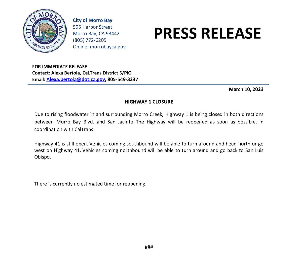 Highway 1 Closure in Morro Bay