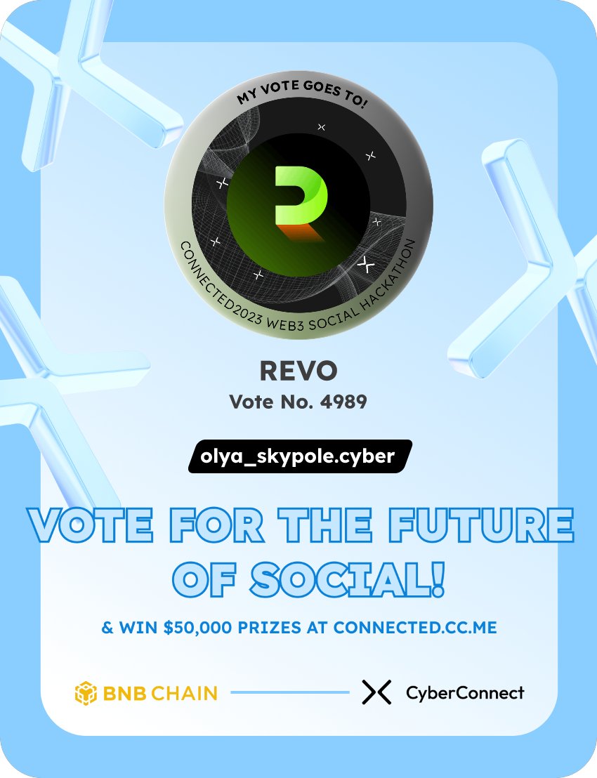 olyaskypole's tweet photo. Just voted for my favorite project REVO in #Connected2023, a Web3 Social hackathon by @CyberConnectHQ the social graph protocol &amp; @BNBCHAIN
Join me to vote for a better social and win $50,000-$100,000 prizes!
https://t.co/e31JVbxTR4
sig:oal5c9 
  https://t.co/lewam4jHeT https://t.co/nDCSLzebdM