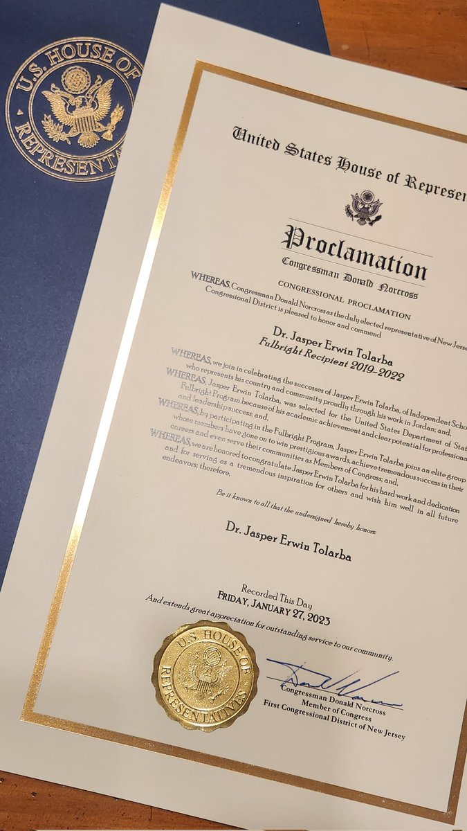 Receiving this in the mail from the US House of Representatives  made me feel a bit important and a contributing member of this country! 🇺🇸 Thanks to <a href="/DonaldNorcross/">Congressman Donald Norcross 🇺🇸</a> for this recognition!
<a href="/FulbrightPrgrm/">The Fulbright Program</a> 
<a href="/FulbrightAssoc/">Fulbright Association</a>