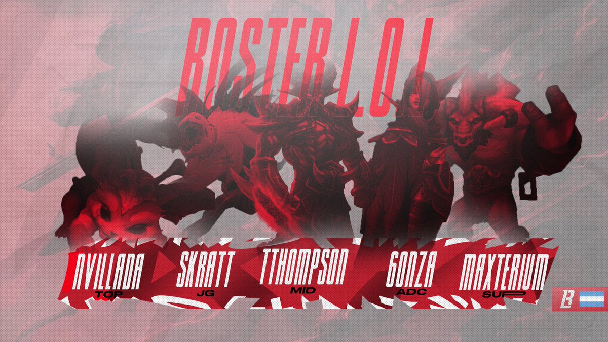 #LOL 

PRESENTACIÓN ROSTER ARG

Están jugando las actuales competiciones dejando todo! Parabens 

👤 <a href="/nvilllada/">nvillada</a> 
👤 <a href="/Skratt_lol/">Skratt</a>  
👤 @TThompsonnn 
👤 @6onza_a 
👤 <a href="/Maxterium/">Maxterium</a> 

HC👤: <a href="/Lukilagercoach1/">lukilager</a> 

#TheReds