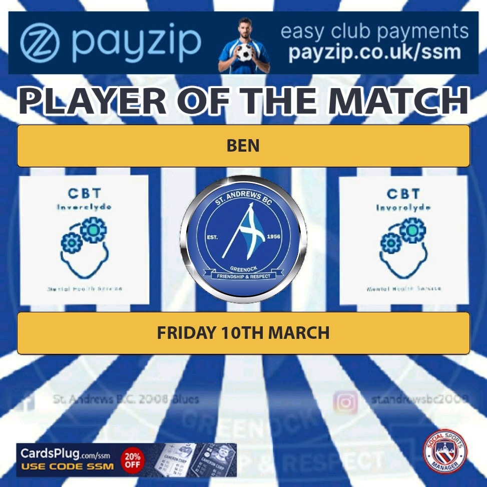 StAndrewsBC2008's tweet photo. Tonights player of the match sponsored by @CBTInverclyde
goes to.......Ben 👏💪🔵⚪🔵⚪
Well played Ben 💙💙
@socialsportman #SocialSportsManager
#playerofthematch #bossedit #supportlocalbusiness https://t.co/9fQ9ZJwpK2