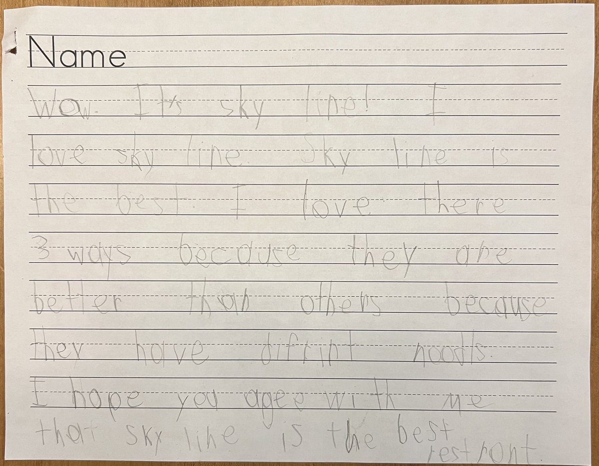 UCschmuss's tweet photo. @Skyline_Chili My 6 year old son wrote a story for school about how much he loves Skyline 3-ways! He even drew a picture to go with it… https://t.co/TQZ7ywABBZ