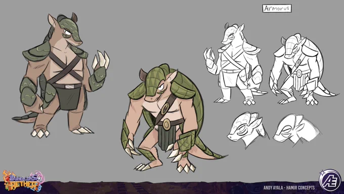 It's Hamir time!! This boy changed a lot since his first iterations. At some point during development, I proposed we give him two hammers instead of one for a more unique moveset from Artemis.  #dungeonsofaether 