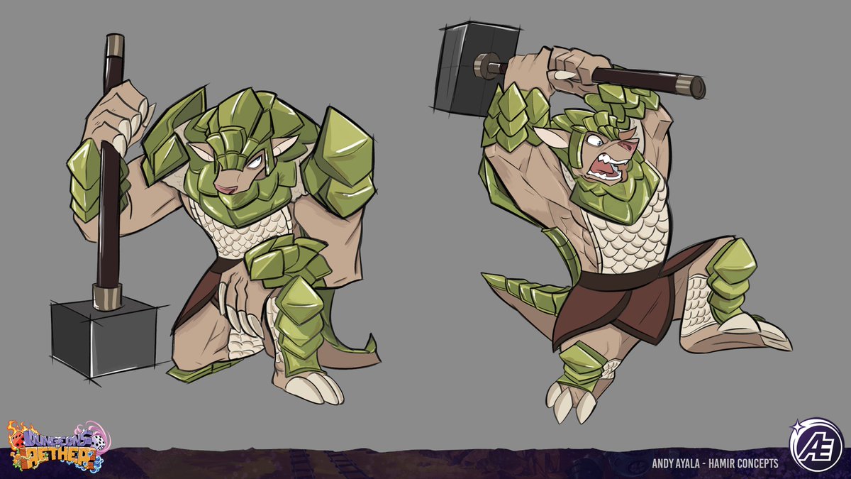 YeahBeezii's tweet image. It&apos;s Hamir time!! 🔨

This boy changed a lot since his first iterations. 

At some point during development, I proposed we give him two hammers instead of one for a more unique moveset from Artemis.  
#dungeonsofaether