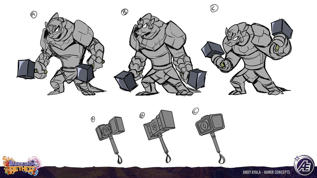 YeahBeezii's tweet image. It&apos;s Hamir time!! 🔨

This boy changed a lot since his first iterations. 

At some point during development, I proposed we give him two hammers instead of one for a more unique moveset from Artemis.  
#dungeonsofaether
