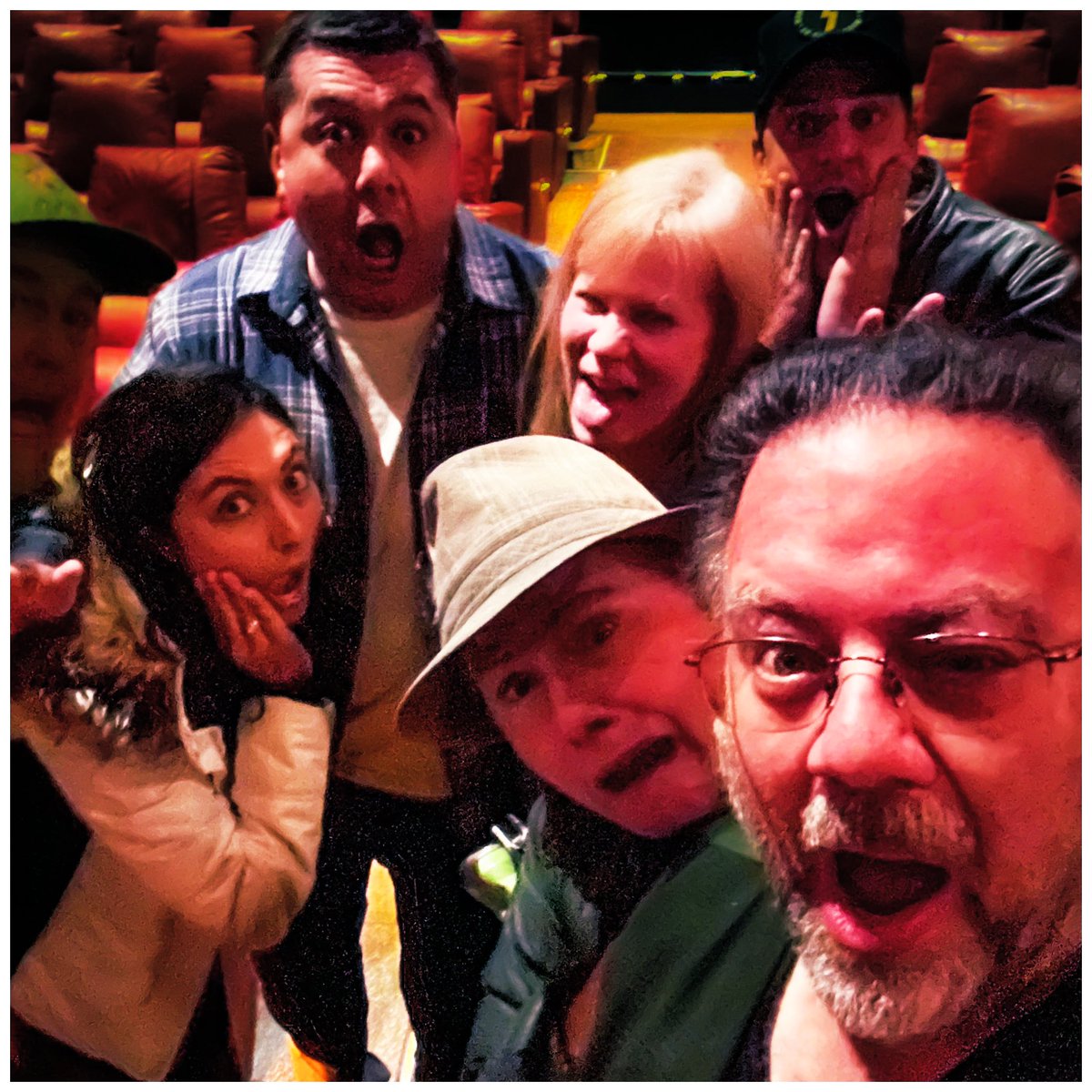 Skeleton Crew Playin’ Hooky Movie Club saw #ScreamVI.  I prefer a movie to be fantastic or a dumpster fire ‘cause you don’t remember a movie that’s just “okay”.  I’ll remember this screening with these maniacs, because taking this picture was the scariest thing about the day.