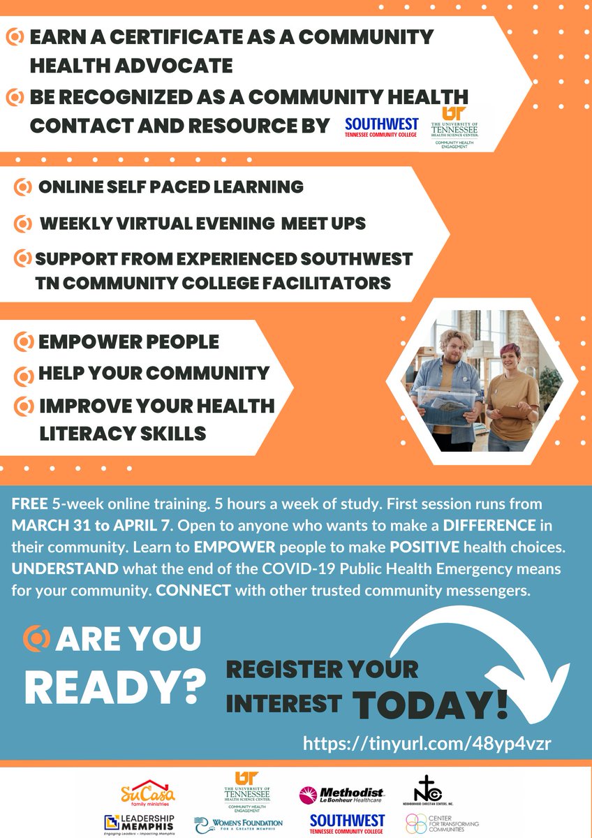SouthwestTN's tweet photo. Earn a certificate as a #CommunityHealthAdvocate! We are excited to partner with @uthsc to offer this
free, five week online training for qualified applicants. Sessions start March 31. Find out more and register at: https://t.co/bOVirNZP9X.
#healthcarecareers @CollegeSystemTN https://t.co/gMH5oLhaEY
