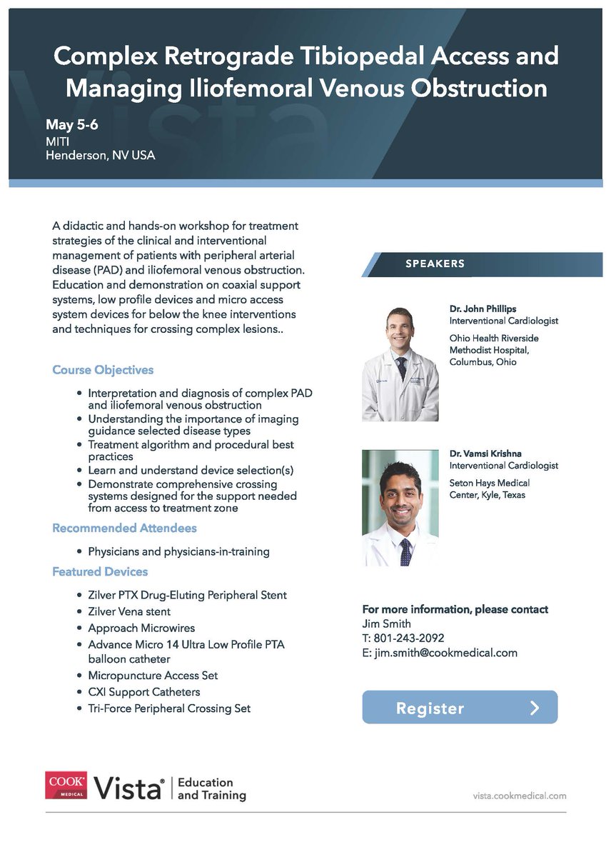 Cook Vascular (@cookvascular) on Twitter photo May 5-6: Join us for "Complex Retrograde Tibiopedal Access and Managing Iliofemoral Venous Obstruction" with interventional cardiologists Dr. John Phillips
& Dr. Vamsi Krishna at MITI in Henderson, NV. Learn more & register ➡️ bit.ly/3J4gsuB
<a href="/MidOhioVascular/">John Phillips@midOhio Vascular</a> <a href="/DrCardiV/">Vamsi Krishna MD</a> May 5-6: Join us for "Complex Retrograde Tibiopedal Access and Managing Iliofemoral Venous Obstruction" with interventional cardiologists Dr. John Phillips
& Dr. Vamsi Krishna at MITI in Henderson, NV. Learn more & register ➡️ bit.ly/3J4gsuB
<a href="/MidOhioVascular/">John Phillips@midOhio Vascular</a> <a href="/DrCardiV/">Vamsi Krishna MD</a>