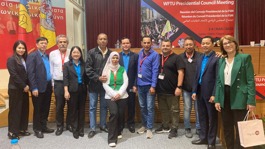FsmArg's tweet image. El 3 y 4 de marzo de 2023 (Chipre), se realizó la Reunión del Consejo Presidencial de la Federación Sindical Mundial, donde estuvimos presentes con nuestro compañero Ernesto “Quiqui” Trigo como parte del secretariado, además se encontraron presentes 50 delegados de 32 países.