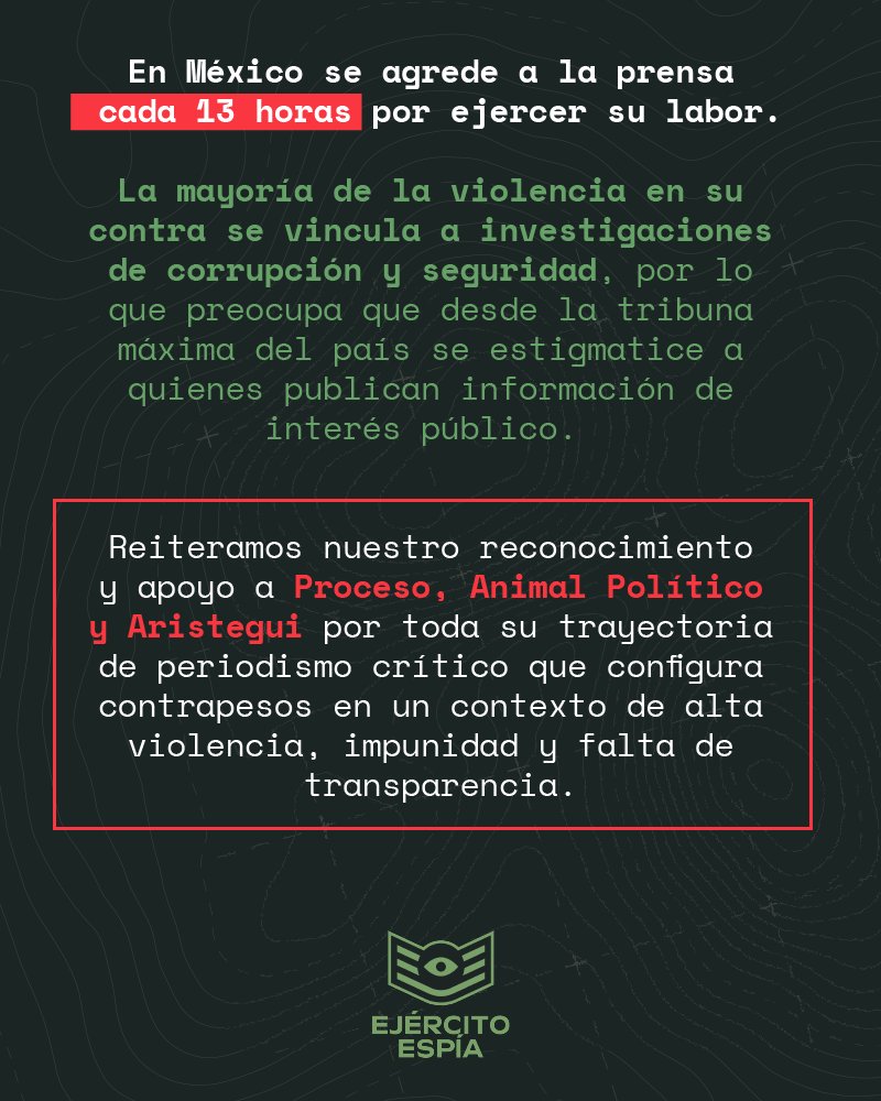 ⚠️ Rechazamos los ataques contra <a href="/proceso/">Proceso</a>, <a href="/Pajaropolitico/">Animal Político</a> y <a href="/AristeguiOnline/">Aristegui Noticias</a>, cometidos hoy por el presidente.

❌ Esto refleja intolerancia a la crítica y busca distraer a la opinión pública sobre el hecho que el Ejército vigila ilegalmente a personas defensoras y periodistas.