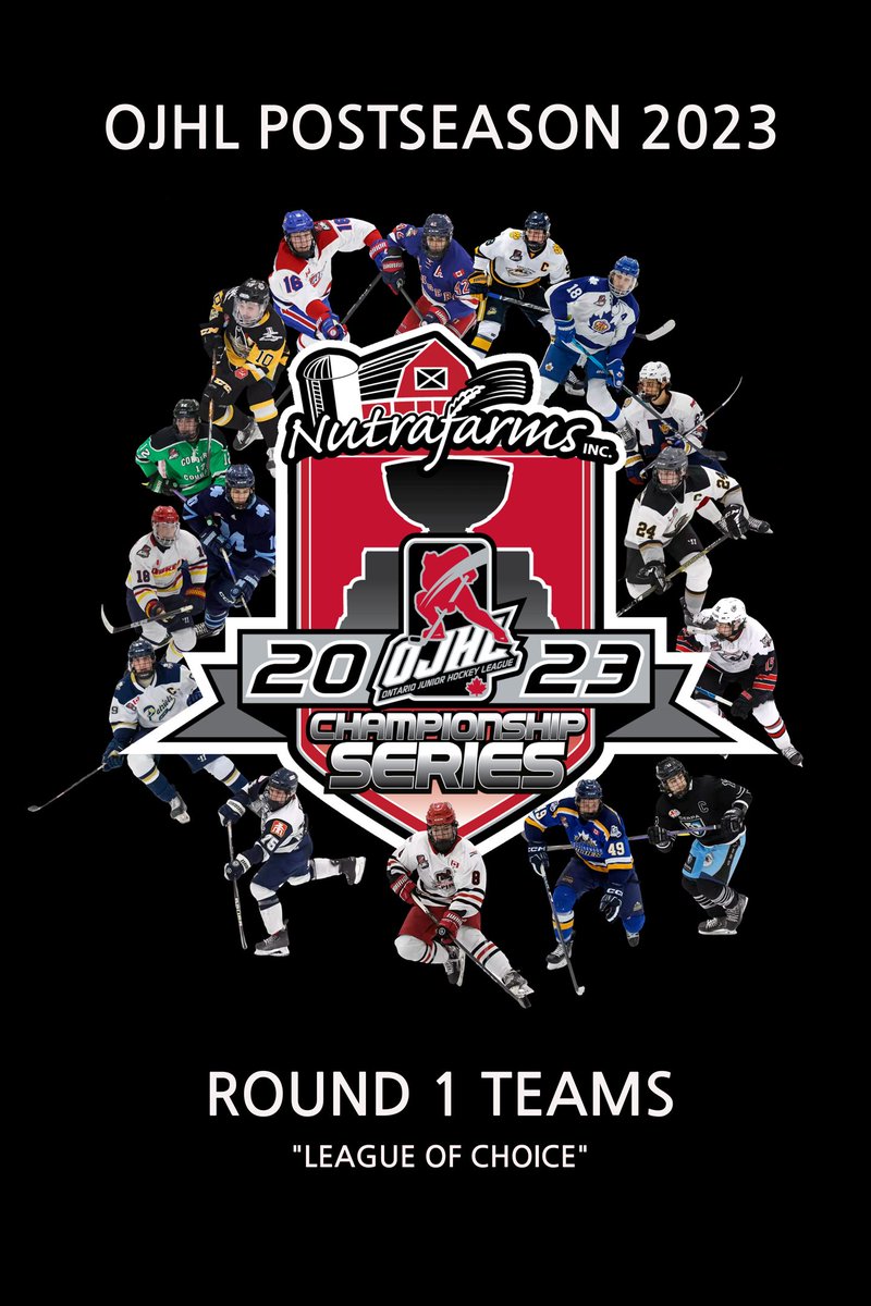 A tradition was started by OJHL Images. A postseason poster was produced for each series featuring all the teams and a selected image of a player from each respective team. Introducing the 2023 OJHL 1st Round Poster. #leagueofchoice #playoffs #round1 #followthephotogs