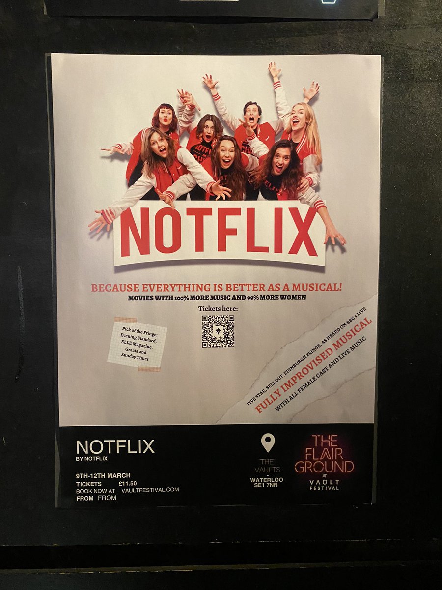 rachelreviewed's tweet photo. @NotflixMusical at @VAULTFestival 🎭🎶

⭐️⭐️⭐️⭐️⭐️

I went to see the most hilarious &amp; genius improvised musical!

Based on audience suggestions, the talented cast (&amp; live band!) create an incredible improv piece of theatre, with catchy songs/funny choreo!  I LOVED this show!😂👏🏾 https://t.co/yjzezjxOIc