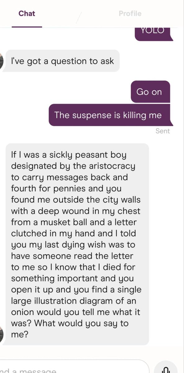 ask_aubry's tweet image. Found on Tinder, absolutely into this banger of a convo starter.