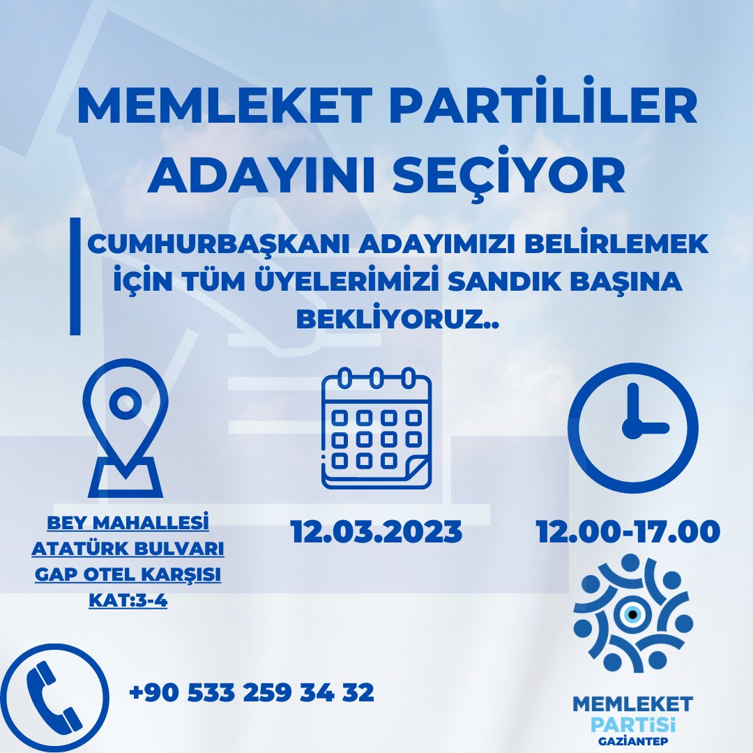 mpsehitkamil's tweet photo. 12 Mart Pazar günü, tüm üyelerimizin katılımıyla gerçekleştireceğimiz ön seçim ile Memleket Partimizin Cumhurbaşkanı Adayını belirleyeceğiz. Kamuoyuna saygıyla duyurulur.
#MemleketPartisi 
#secim2023 
#Gaziantep https://t.co/oogKgX43rU