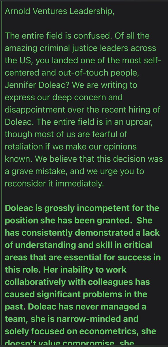 avitale's tweet photo. Outrage over the hiring of neoliberal economist and police apologist Jennifer Doleac to run criminal justice policy at Arnold Ventures is growing. My letter is in the thread. https://t.co/DtVxDngGbI
