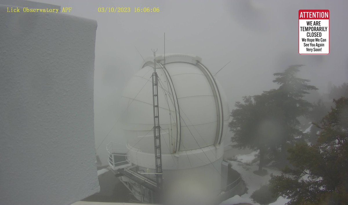 LickObservatory's tweet photo. The Mount Hamilton road is now open. HOWEVER the observatory REMAINS CLOSED TO VISITORS. Our parking lots are locked, we still have huge banks of snow obstructing our walkways. We hope to open again soon! #bayareasnow https://t.co/kXQDp8M7YV