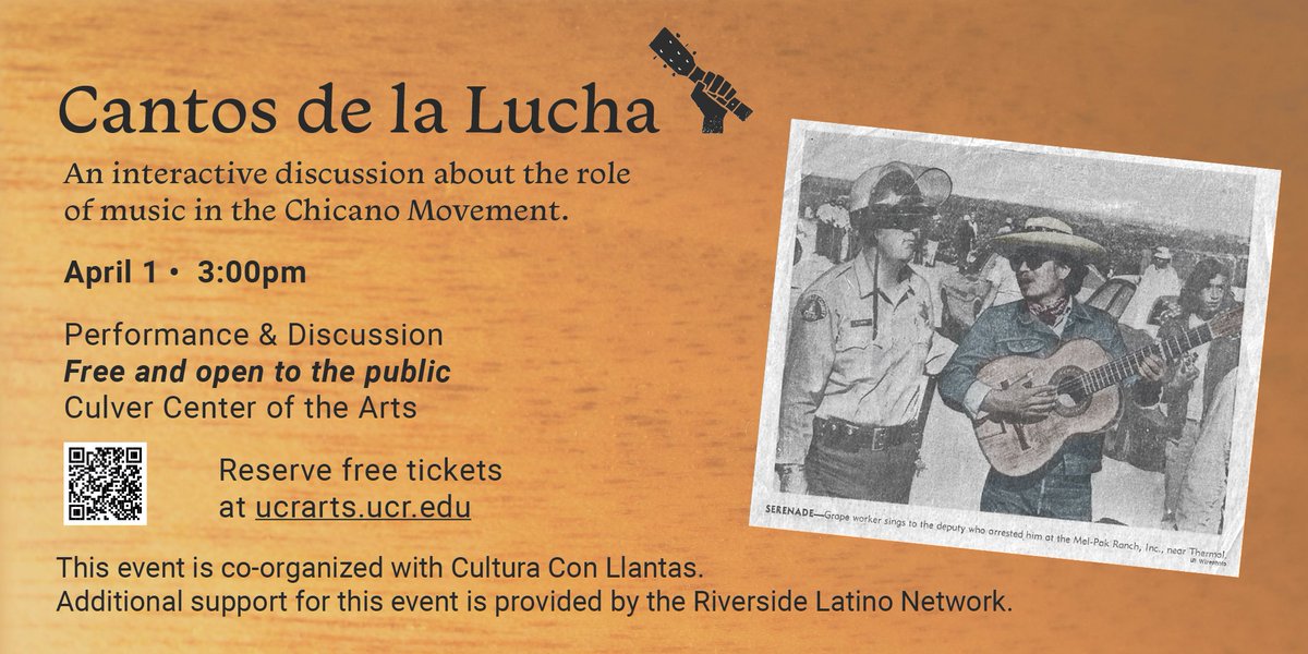 Join us on April 1 at 3pm at the Culver Center of the Arts for a performance and interactive discussion with musician, lawyer, and activist Enrique Ramirez! Reserve your free ticket: ucrarts.ucr.edu/events/cantos-… This event is co-organized with Cultura Con Llantas.