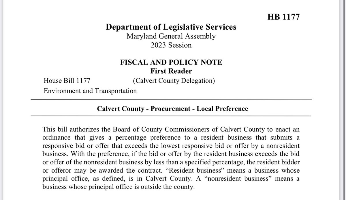 The Calvert County Delegation also has HB 1177, a procurement bill which would allow the Board of Commissioners there to “buy local”, so to speak: mgaleg.maryland.gov/mgawebsite/Leg…. The 2022 version, HB 913, went nowhere. Ah that trademark Fisher charm…