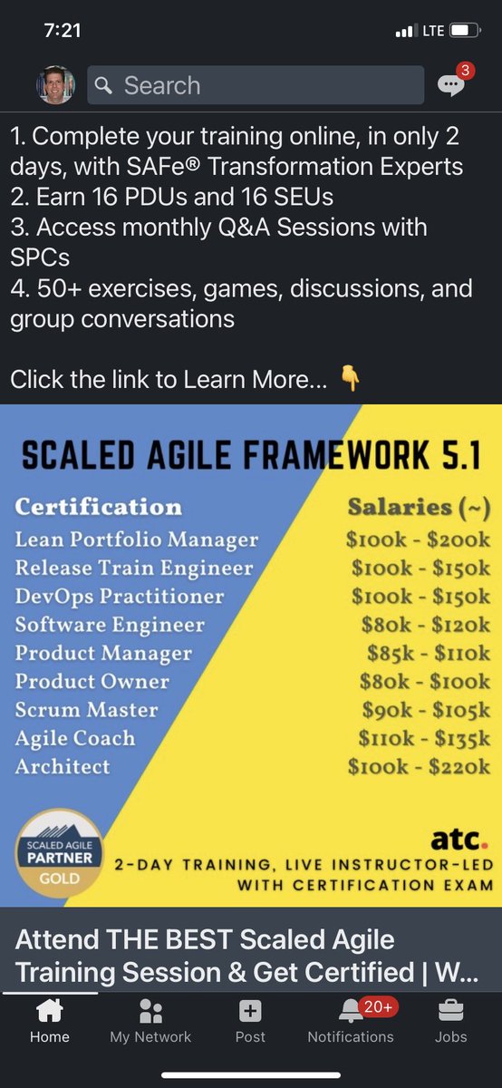 DrBrianMitchell's tweet photo. Makes me ill - 2 days and you can be certified to “be agile”. Major issues with how all of the big agile engineering “frameworks” are marketed. SAFe yuck https://t.co/FNuet6M8iL