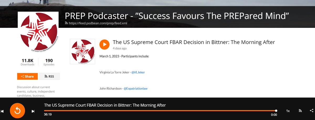 John Richardson &amp; Virginia La Torre Jeker podcast: 'The morning after the U.S. Supreme Court #FBAR decision in Bittner' - ("a clear win for Mr. Bittner, but going forward ...?")  bit.ly/3T473Id <a href="/ExpatriationLaw/">John Richardson - Counsellor for US persons abroad</a> <a href="/VLJeker/">V. La Torre Jeker JD</a> <a href="/helenburggraf/">Helen Burggraf</a> <a href="/SEATNow_org/">SEATNow.org - Stop Extraterritorial American Tax</a>