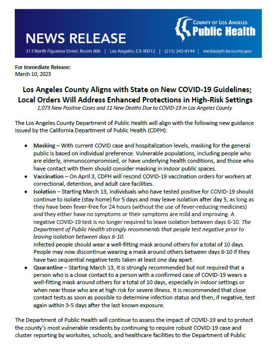 LA Public Health on Twitter "Los Angeles County Aligns with State on
