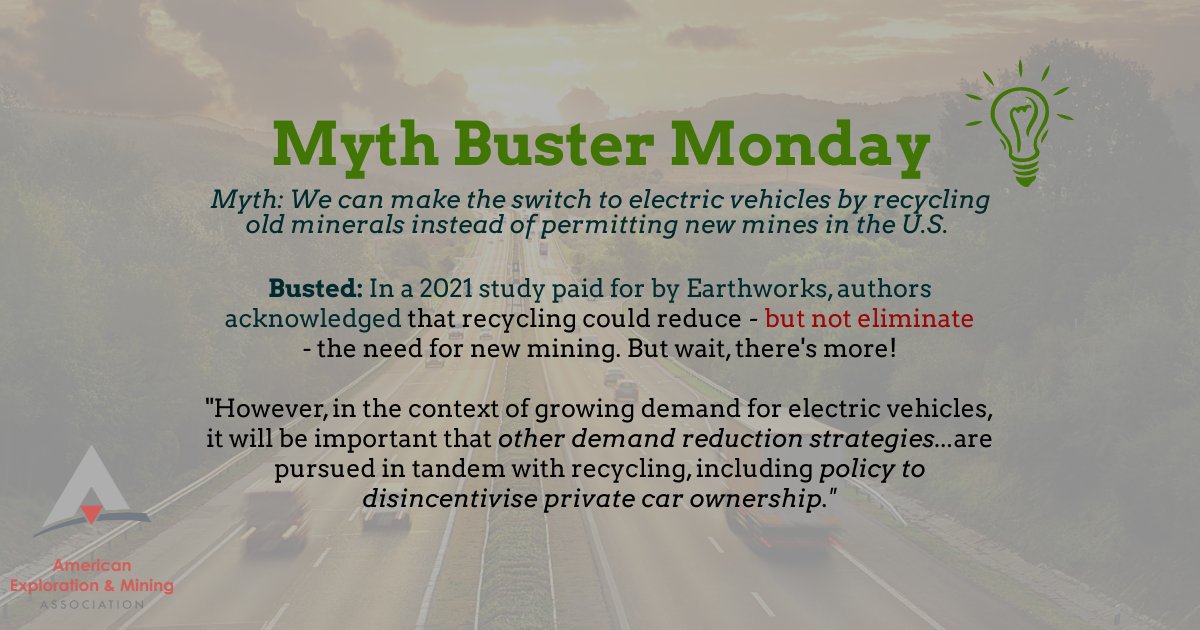 MiningAmerica's tweet photo. Recycling alone can not meet electric vehicle demand. #mining #miningmatters #mythbuster #mythbustermonday #Miningmyth #miningfact https://t.co/jWZfCJBfPp