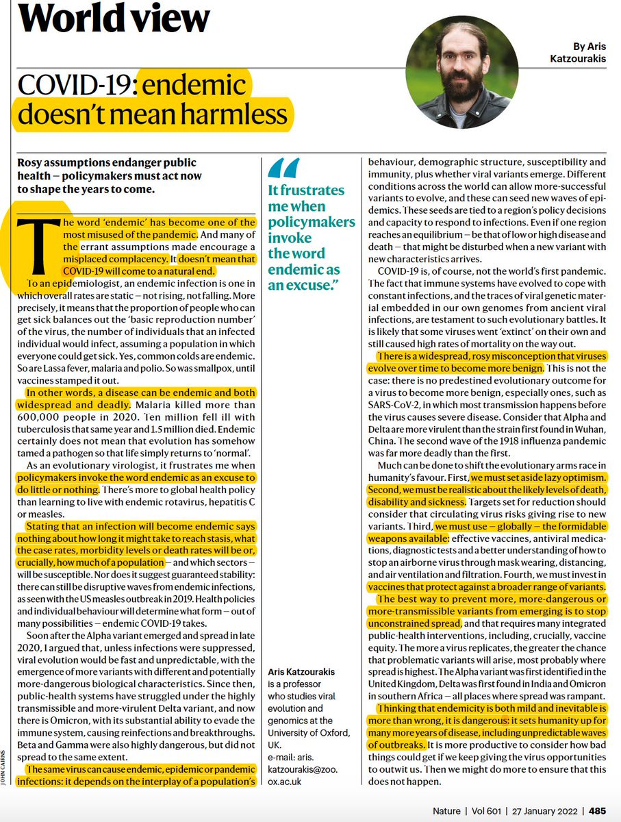 There's a lot of confusion about what a Covid endemic phase means. I think this short essay by <a href="/ArisKatzourakis/">Aris Katzourakis</a> <a href="/Nature/">nature</a> is the best description I've seen
nature.com/articles/d4158…
"a disease can be endemic and both widespread and deadly"