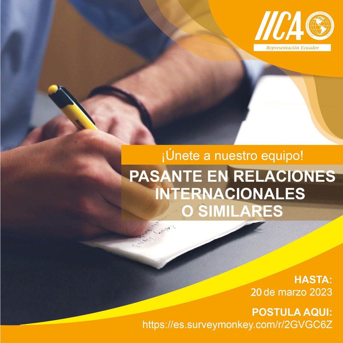 ¿Eres estudiante de los últimos semestres de la carrera de relaciones internacionales o afines? Esta es tu #OportunidadDePasantía. Fecha máxima para la postulación, lunes 20 de marzo de 2023. Aplica aquí👉es.surveymonkey.com/r/2GVGC6Z