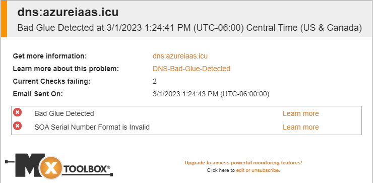 azcloudelf's tweet image. @azuredns What&apos;s wrong with your service?

Started getting &quot;Bad Glue Detected&quot; off and on from #MXtoolbox monitoring on 03/01.

#AzureDNS @AzureSupport