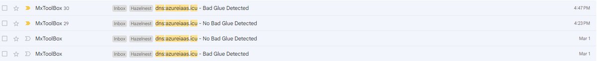 azcloudelf's tweet image. @azuredns What&apos;s wrong with your service?

Started getting &quot;Bad Glue Detected&quot; off and on from #MXtoolbox monitoring on 03/01.

#AzureDNS @AzureSupport