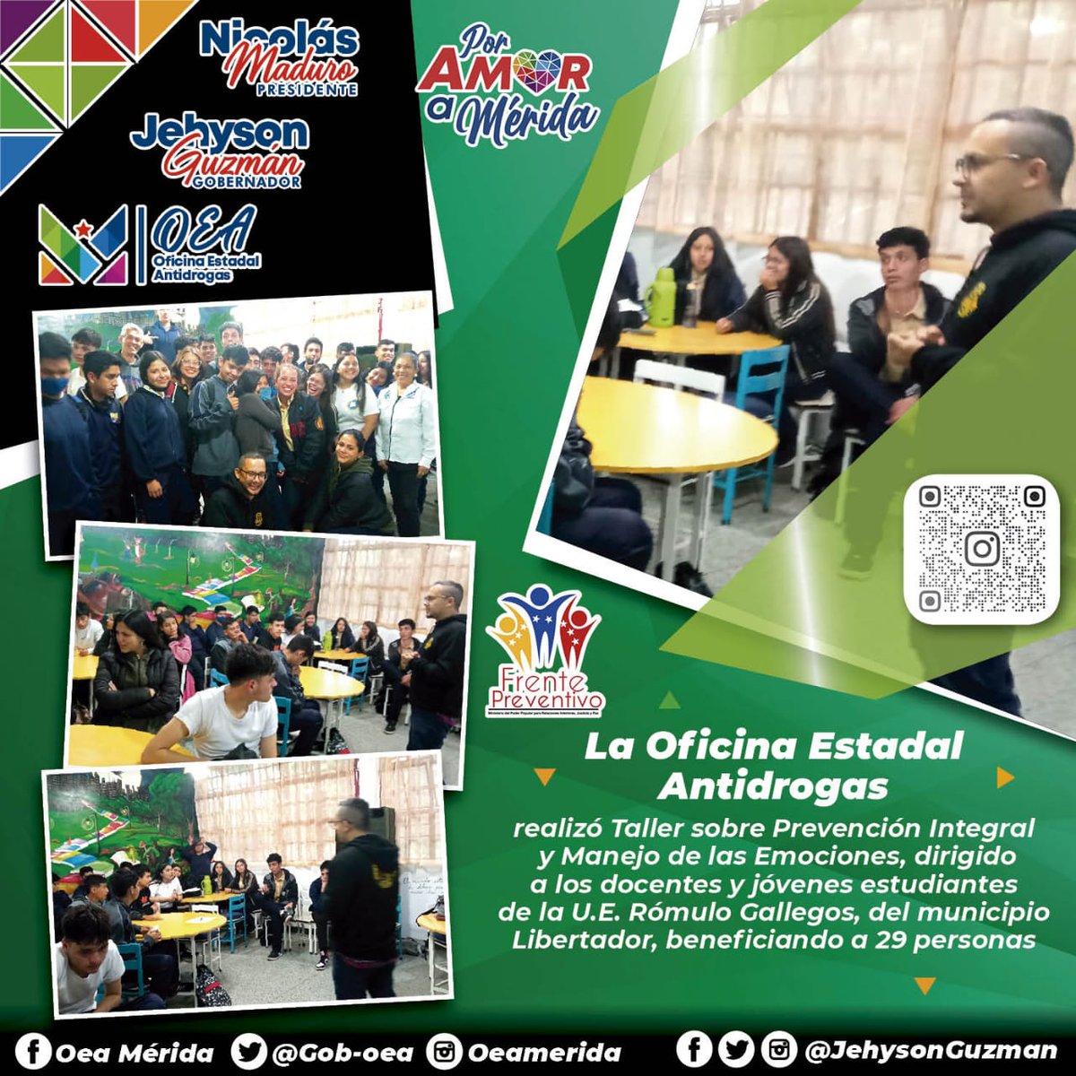 #10Mar La <a href="/gob_oea/">Oficina Estadal Antidrogas - OEA</a> realizó taller sobre prevención integral dirigido a 29 estudiantes de la Unidad Educativa Rómulo Gallegos, centro educativo ubicado en la parroquia Milla del municipio Libertador.

#ChávezInmortal