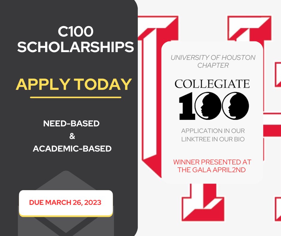 Money Season 💰 UH C100 Scholarships are available in the linktree in our bio! Apply today for the opportunity to win a scholarship from the UH Chapter of C100! Requirements can be found in the link! Two winners will be awarded at the Gala, April 2.