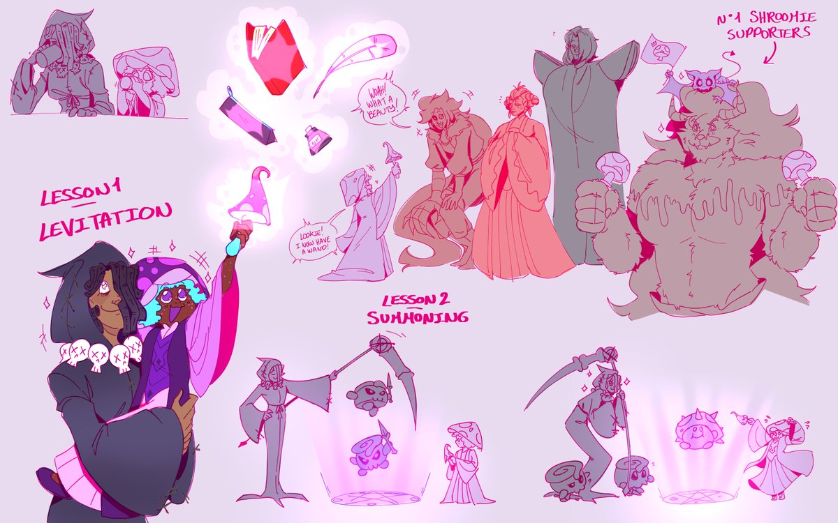 CoD doodle page, but mainly focusing on Poison Mushroom's magic lessons <3 #cookierunkingdom #poisonmushroomcookie #licoricecookie #batcat #chocowerehoundbrute #darkchococookie #redvelvetcookie #pomegranatecookie