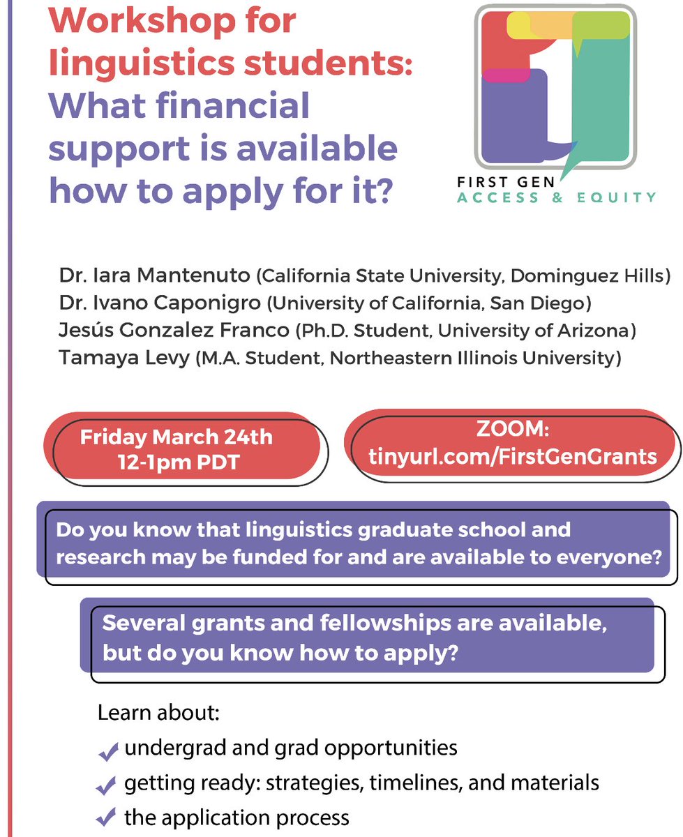 iara_mantenuto's tweet photo. Are you a BA/MA/PhD student in linguistics? Do you want to learn what is a fellowship or a grant? Do you know how to prepare for them? Stop by on March 24th and join us for a friendly workshop open to everyone. Information is power 💪🏻 DM me if you have any questions. https://t.co/uPkCAs7gaJ