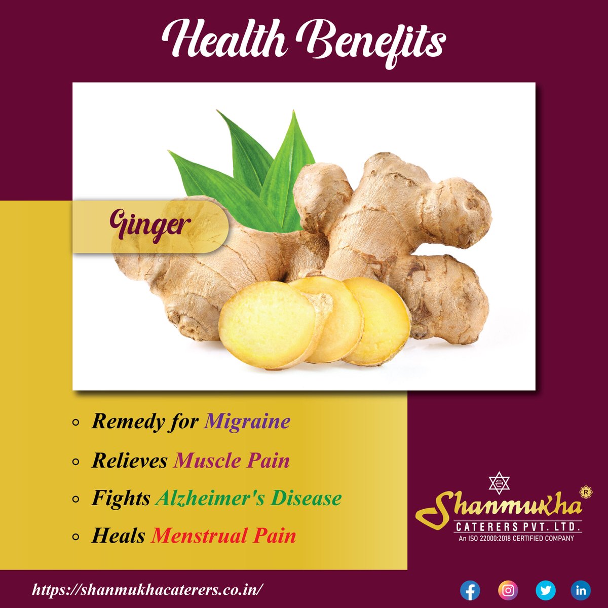 Health Benefits of #Ginger.

#ShanmukhaCaterers #healingwithfood #letfoodbeyourmedicine