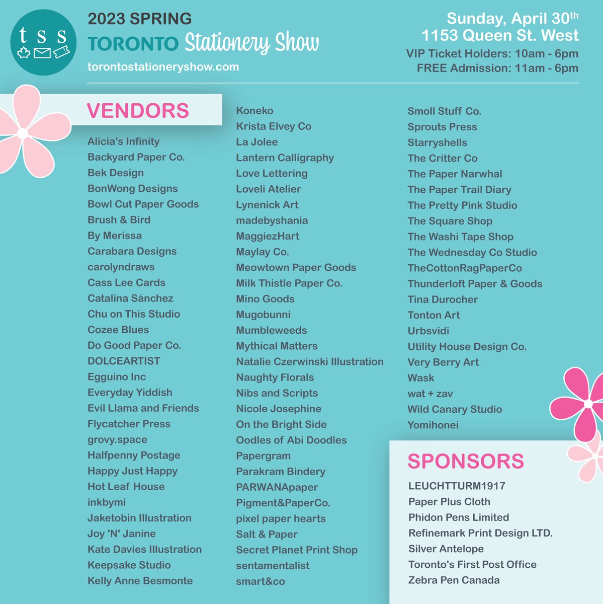 Here it is! 🎉 The official lineup for Sun April 30 at 1153 Queen St West 🌸 We have 81 talented vendors and 7 supportive sponsors joining us! 💌 Lots more info to come including VIP ticket options, swag, and more - stay tuned! 🤗 #torontostationeryshow