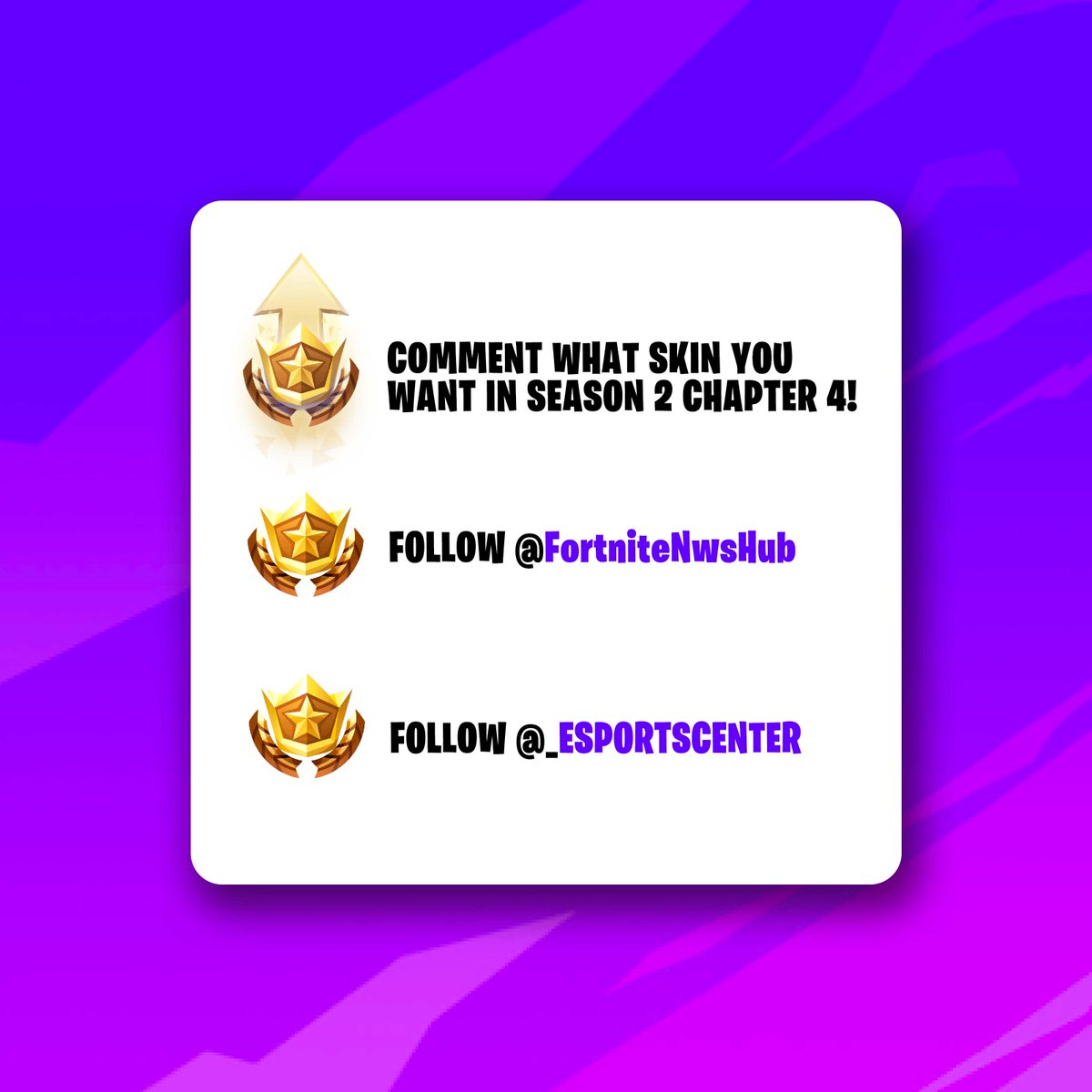 Fortnite Chapter 4 Season 2 Battle Pass Giveaway 🔥

To Enter: 
- LIKE &amp; RETWEET
- FOLLOW <a href="/_esportscenter/">Esportscenter</a> &amp; <a href="/FortniteNwsHub/">Fortnite News & Leaks</a>
- COMMENT YOUR FAVOURITE SKIN

#FortniteMEGA