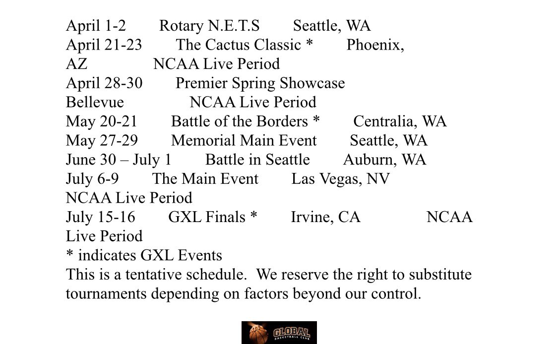 Tournament Schedule for this Spring/Summer <a href="/GBCSeattle/">Global Basketball</a>
