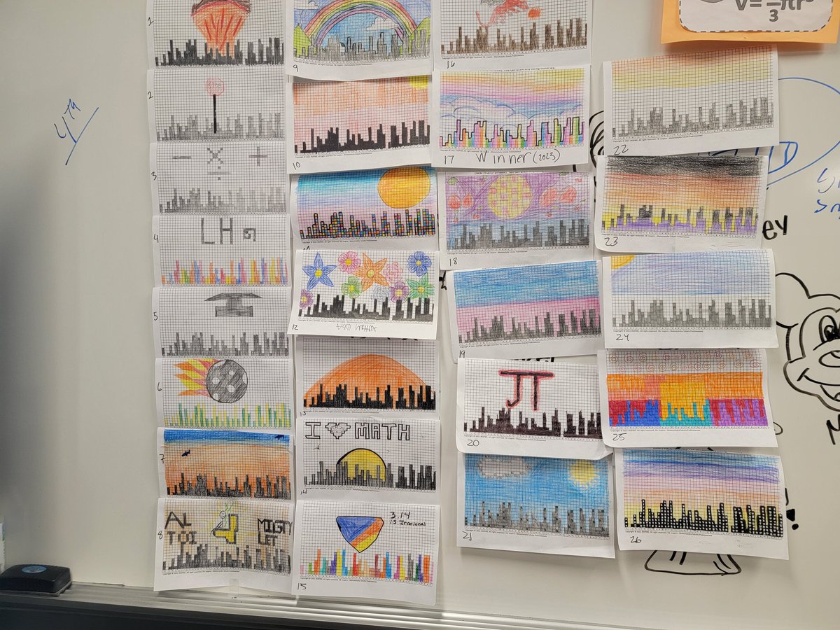 GMS304's tweet photo. "Pi" city in the sky drawings. Each winner of his/her class won an oatmeal creme pie! https://t.co/ADSm6uJTfp