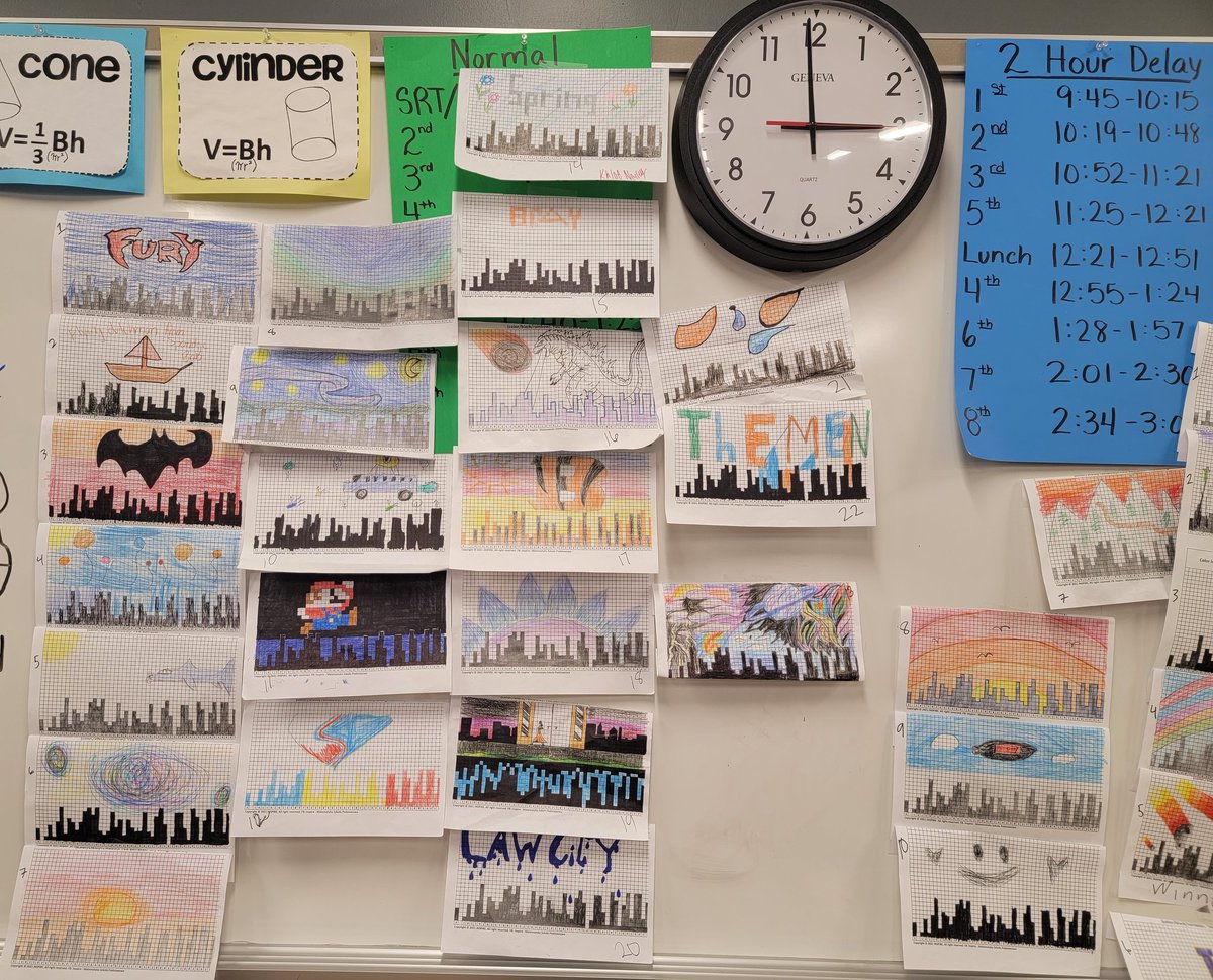 GMS304's tweet photo. "Pi" city in the sky drawings. Each winner of his/her class won an oatmeal creme pie! https://t.co/ADSm6uJTfp