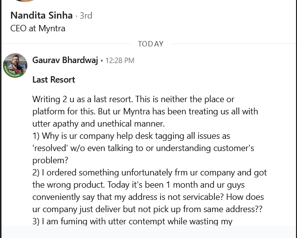 GauravDex's tweet photo. I hv now written to ur CEO, Nandita Sinha &amp; HR Boss Nupur Nagpal with names of all customer support people who treated my case with apathy and incompetence. @MyntraSupport @myntra #BoycottMyntra #customerexperience https://t.co/J6akxh2q23