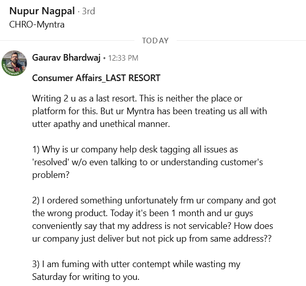 GauravDex's tweet photo. I hv now written to ur CEO, Nandita Sinha &amp; HR Boss Nupur Nagpal with names of all customer support people who treated my case with apathy and incompetence. @MyntraSupport @myntra #BoycottMyntra #customerexperience https://t.co/J6akxh2q23