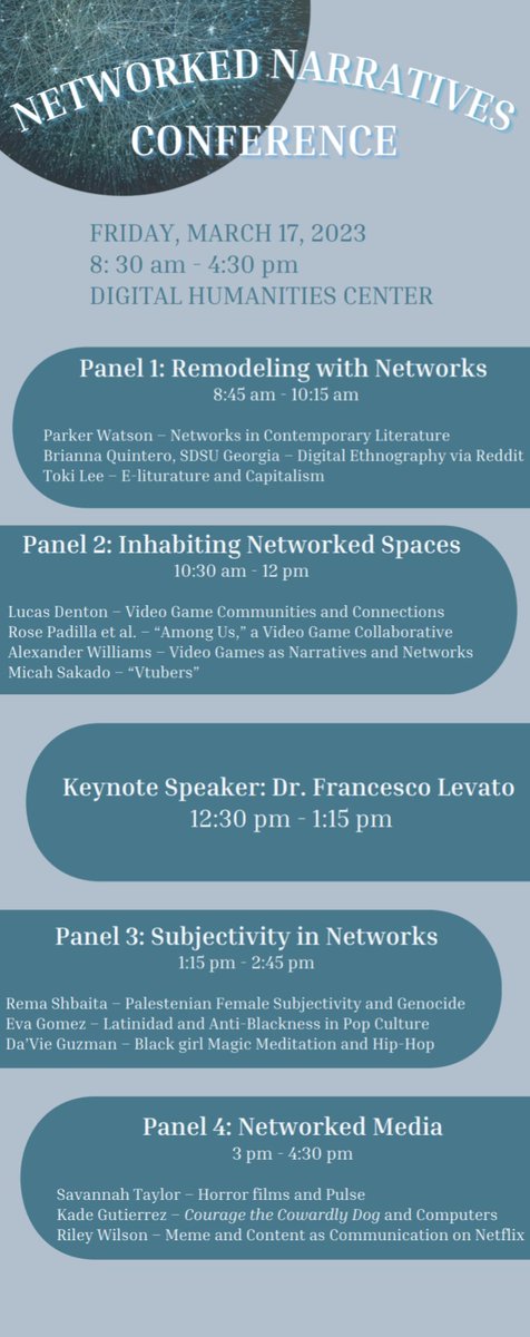 🌐 NETWORKED NARRATIVES 🌐
🍀 Friday, March 17th 🍀
☀️ 8:30am-4:30pm ☀️
💻 Digital Humanities Center 💻
📚 SDSU Love Library ❤️

#ECL2023 #LetsNetwork

EXPAND TO VIEW PANEL SCHEDULE 🗓️⏰